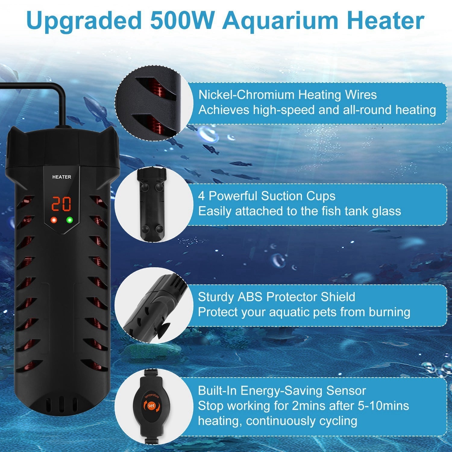 HKM-445715 500W Submersible Aquarium Heater with External Controller for Freshwater & Saltwater Tanks up to 79 Gallons
