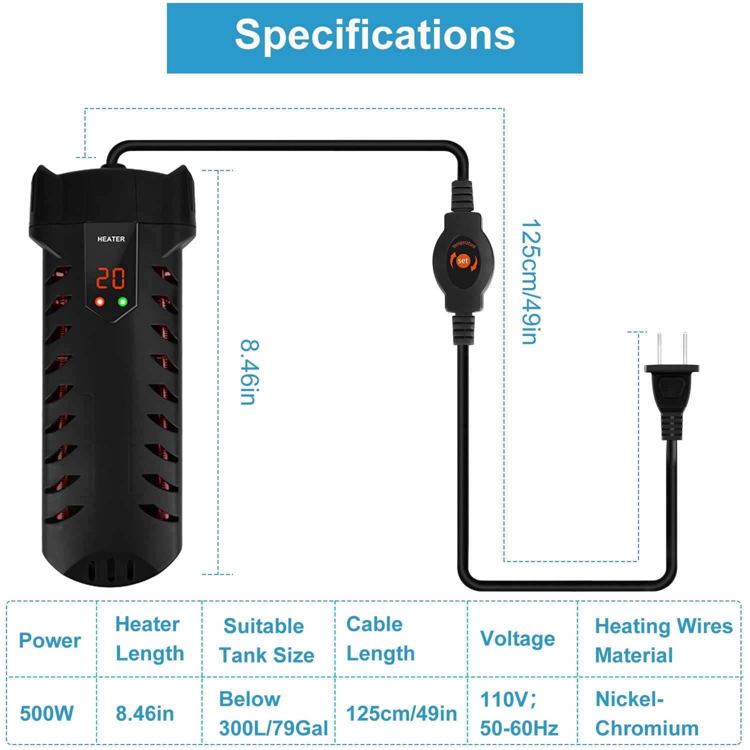 HKM-445715 500W Submersible Aquarium Heater with External Controller for Freshwater & Saltwater Tanks up to 79 Gallons