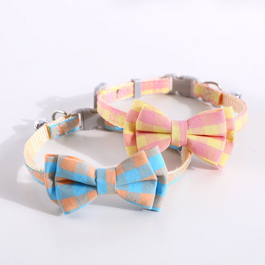 HKM-445907 Adjustable Double Layer Bow Collar with Detachable Bowtie for Pets in Fresh Plaid Colors