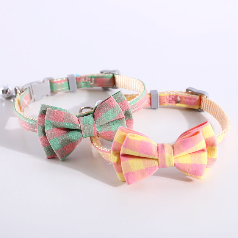HKM-445907 Adjustable Double Layer Bow Collar with Detachable Bowtie for Pets in Fresh Plaid Colors