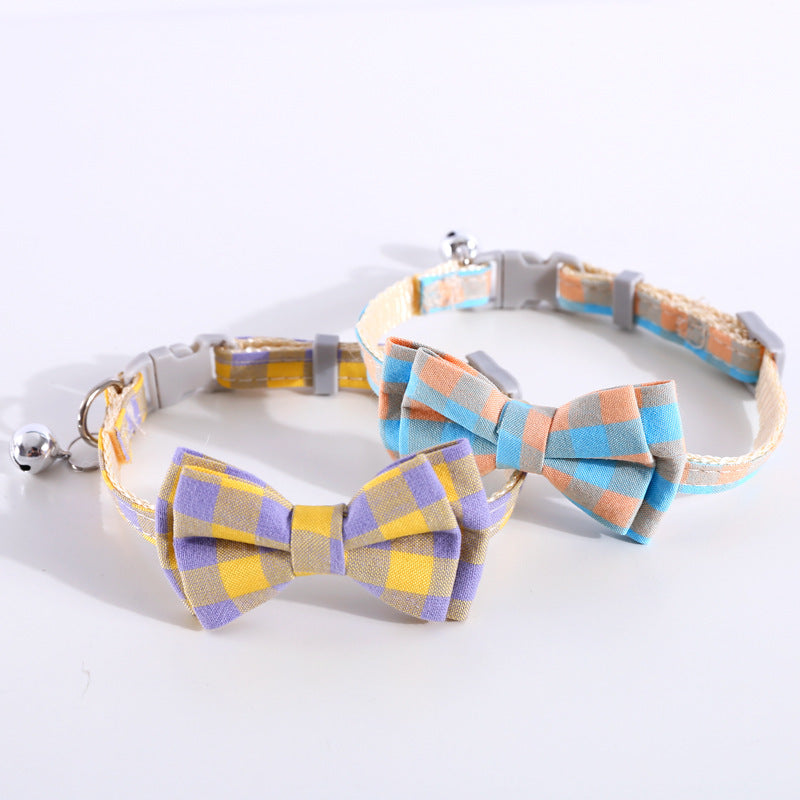 HKM-445907 Adjustable Double Layer Bow Collar with Detachable Bowtie for Pets in Fresh Plaid Colors