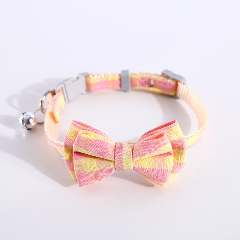 HKM-445907 Adjustable Double Layer Bow Collar with Detachable Bowtie for Pets in Fresh Plaid Colors