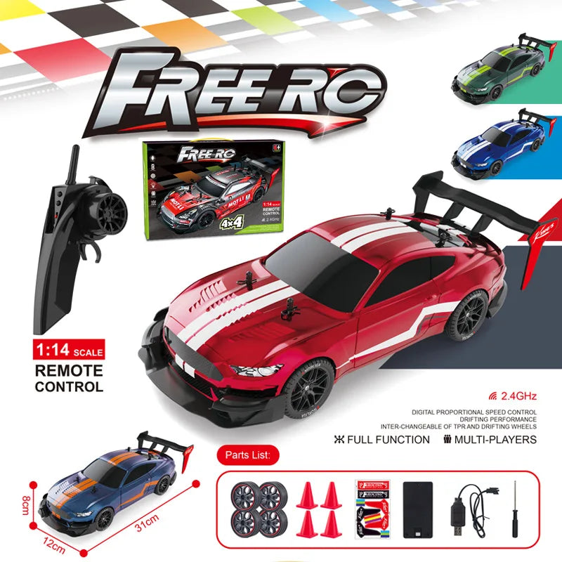 HKM-446035 1/14 Scale 4WD RC Car with Lights, Fast Drifting Remote Control Vehicle for Kids