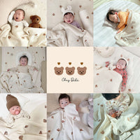 HKM-446355 Cotton Yarn Bear Head Blanket for Infants - Summer Lightweight Beige Cover
