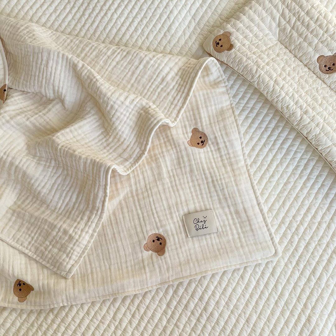 HKM-446355 Cotton Yarn Bear Head Blanket for Infants - Summer Lightweight Beige Cover