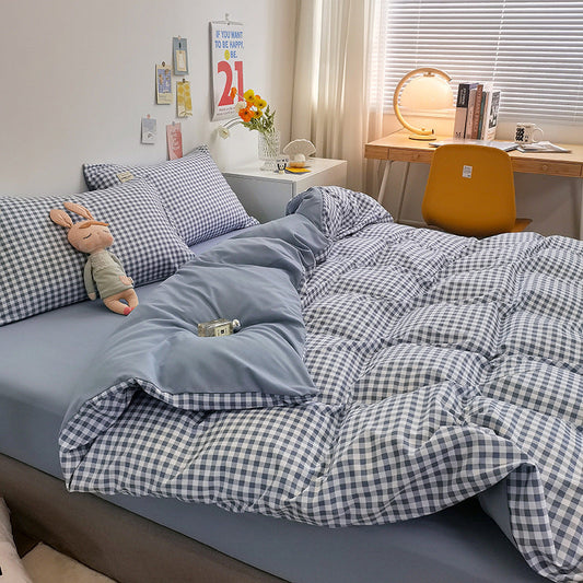 HKM-446355 Modern Minimalist Washed Cotton Four-Piece Bedding Set with Geometric Pattern for 1.8m Bed