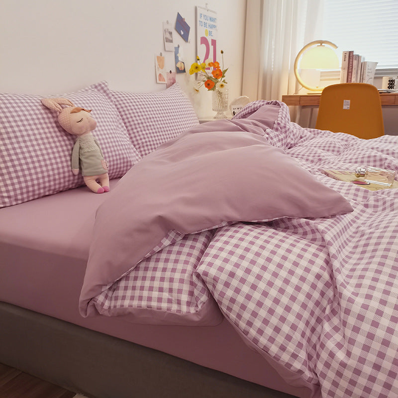 HKM-446355 Modern Minimalist Washed Cotton Four-Piece Bedding Set with Geometric Pattern for 1.8m Bed