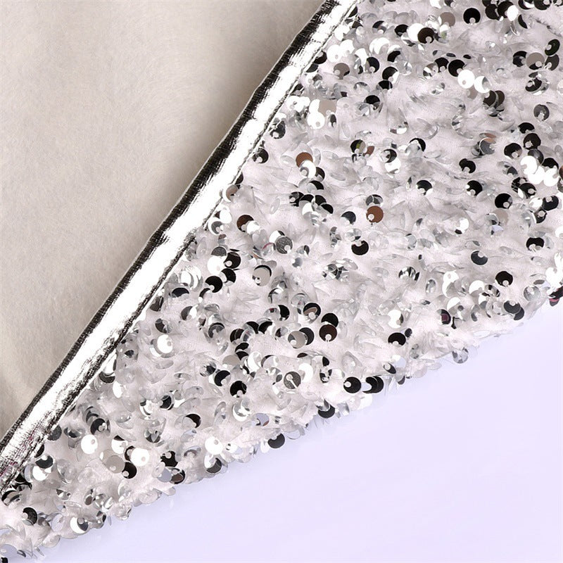 HKM-446483 Silver White Sequin Tree Skirt with Bead Cloth and Non-Woven Fabric - 61cm Upper Diameter, 77cm Lower Diameter, 26cm Height