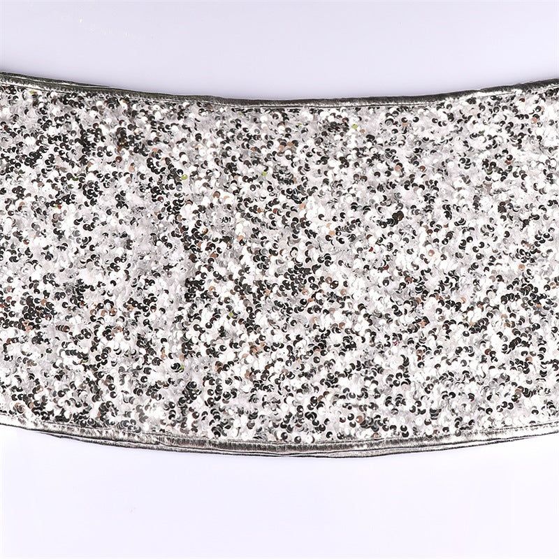HKM-446483 Silver White Sequin Tree Skirt with Bead Cloth and Non-Woven Fabric - 61cm Upper Diameter, 77cm Lower Diameter, 26cm Height