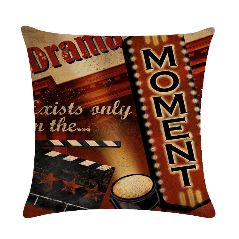 HKM-446739 Retro Movie Subtitles Linen Pillowcase for Sofa and Office Decor