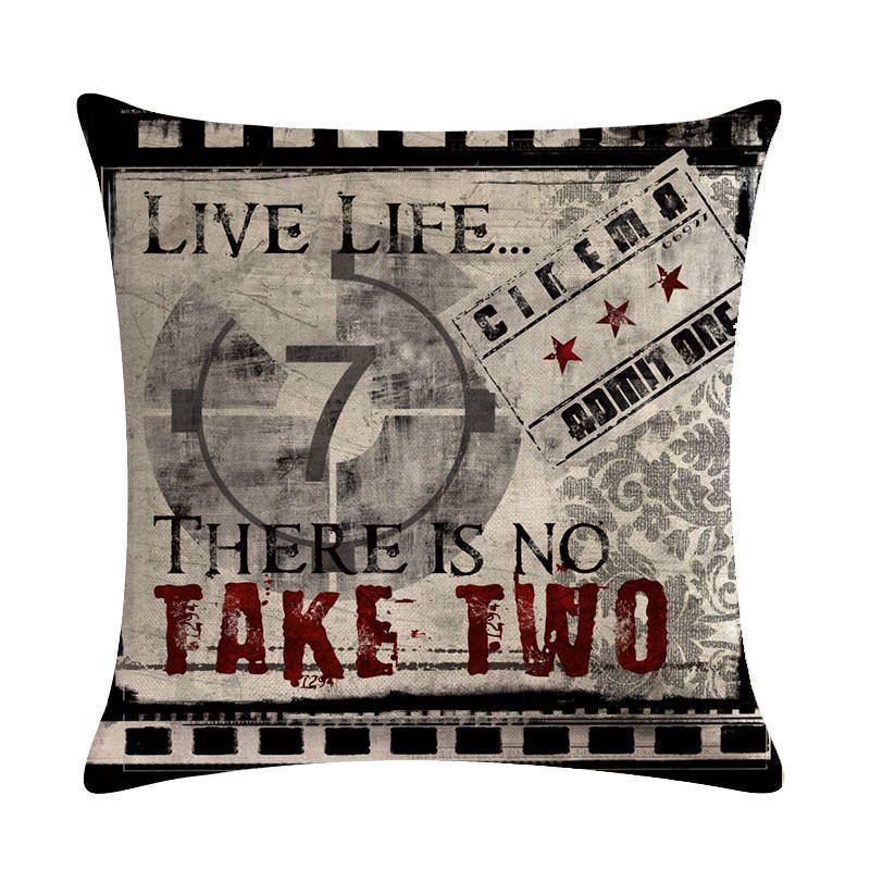 HKM-446739 Retro Movie Subtitles Linen Pillowcase for Sofa and Office Decor