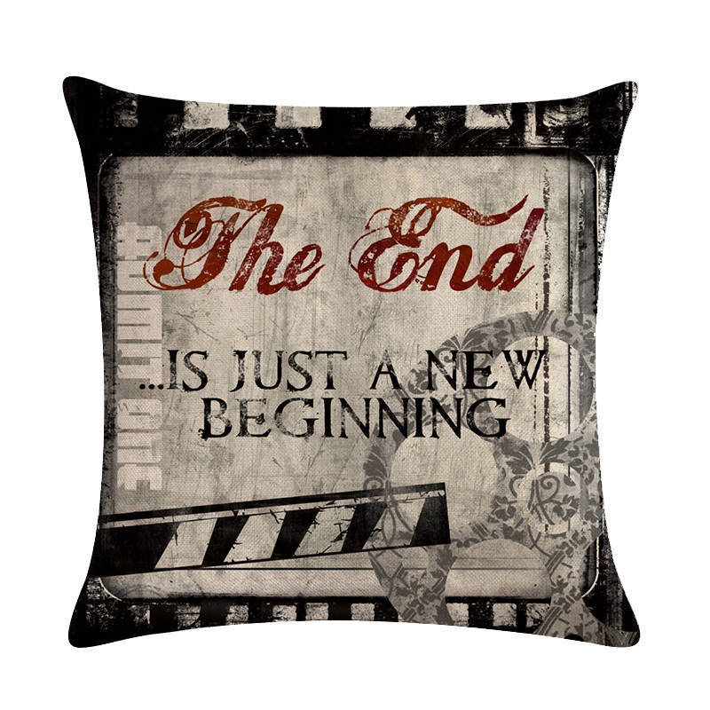 HKM-446739 Retro Movie Subtitles Linen Pillowcase for Sofa and Office Decor