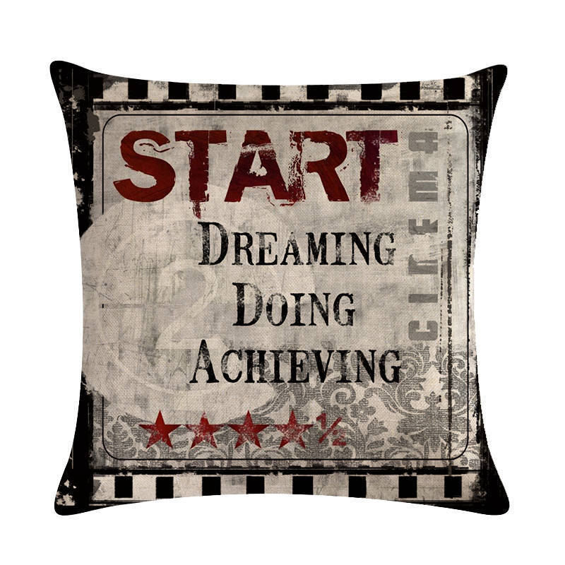 HKM-446739 Retro Movie Subtitles Linen Pillowcase for Sofa and Office Decor