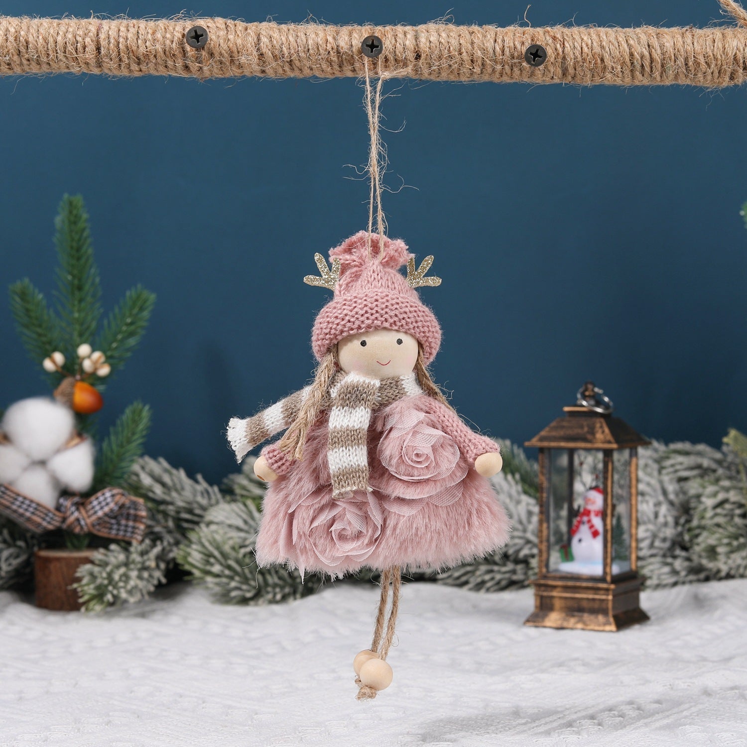 HKM-447315 Wooden Antlers Doll with Beaded Details - Adorable Girls' Christmas Hanging Ornament