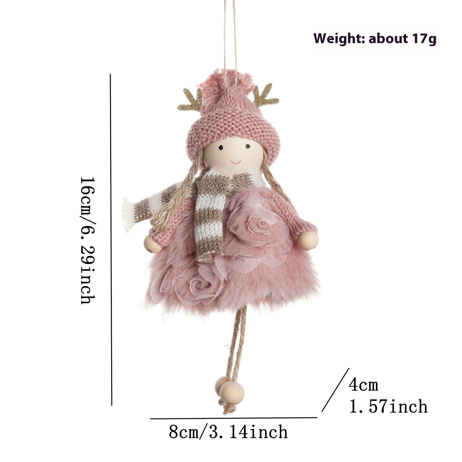 HKM-447315 Wooden Antlers Doll with Beaded Details - Adorable Girls' Christmas Hanging Ornament