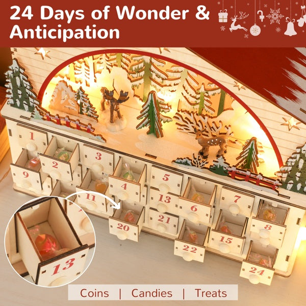 HKM-447635 Christmas Advent Calendar with House Design and LED Lights, 24 Drawer Holidays Countdown Décor, Safe Cordless Multi-layer Board 14.2" L x 3.9" W x 13.4" H