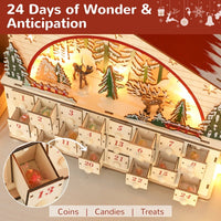 HKM-447635 Christmas Advent Calendar with House Design and LED Lights, 24 Drawer Holidays Countdown Décor, Safe Cordless Multi-layer Board 14.2" L x 3.9" W x 13.4" H