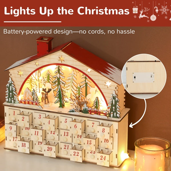 HKM-447635 Christmas Advent Calendar with House Design and LED Lights, 24 Drawer Holidays Countdown Décor, Safe Cordless Multi-layer Board 14.2" L x 3.9" W x 13.4" H