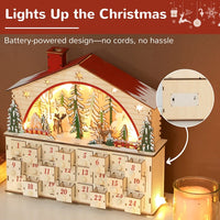 HKM-447635 Christmas Advent Calendar with House Design and LED Lights, 24 Drawer Holidays Countdown Décor, Safe Cordless Multi-layer Board 14.2" L x 3.9" W x 13.4" H
