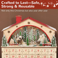HKM-447635 Christmas Advent Calendar with House Design and LED Lights, 24 Drawer Holidays Countdown Décor, Safe Cordless Multi-layer Board 14.2" L x 3.9" W x 13.4" H