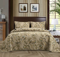 HKM-448339 Quilted Blue Cotton Bedspread Set with Flower and Plant Design, 3-Piece