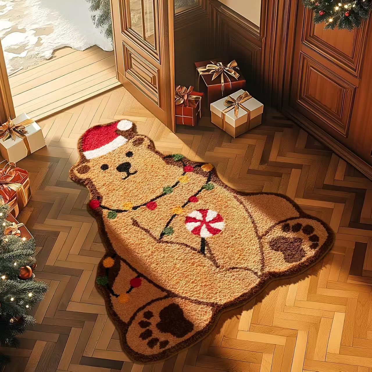HKM-448467 Christmas Atmosphere Cashmere Hallway Mat - Irregular Shape with Geometric and Cartoon Patterns