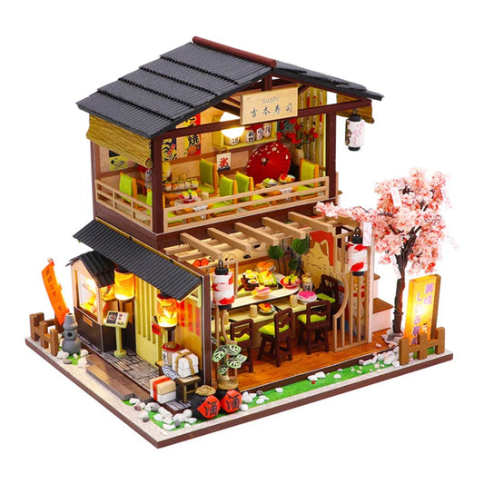 KTX-448595 DIY Miniature Sushi Restaurant Dollhouse Furniture Model Kit for Children Ages 6 and Up