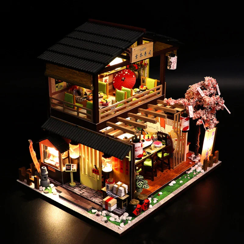 HKM-448595 DIY Miniature Sushi Restaurant Dollhouse Furniture Model Kit for Children Ages 6 and Up