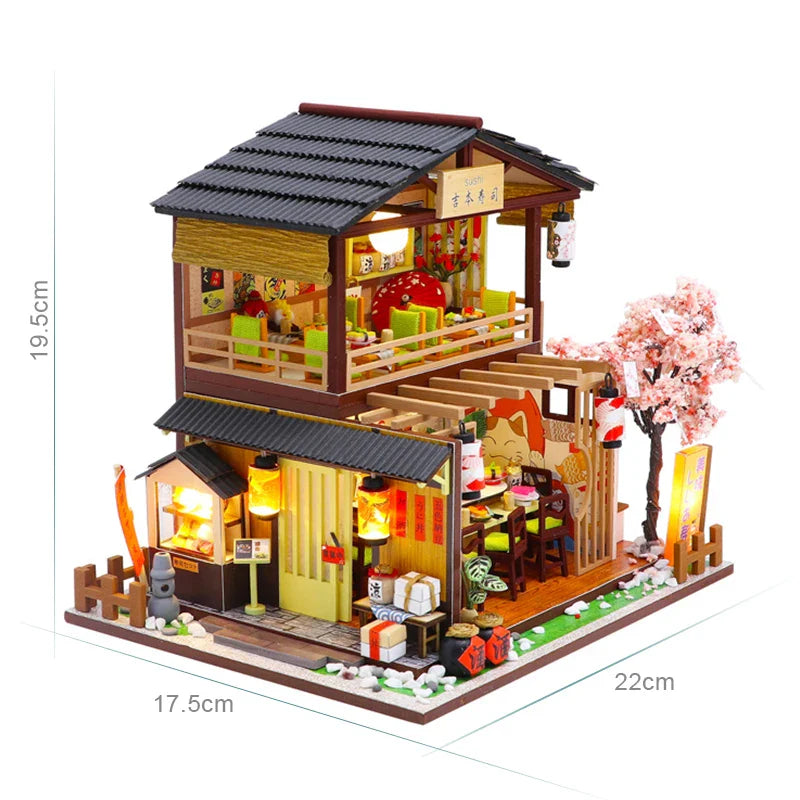 HKM-448595 DIY Miniature Sushi Restaurant Dollhouse Furniture Model Kit for Children Ages 6 and Up