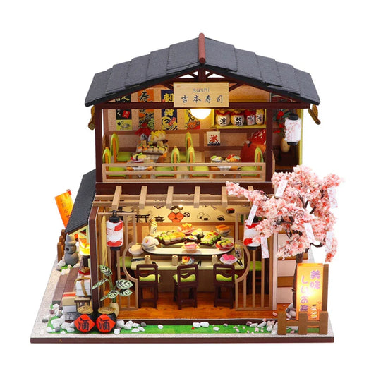KTX-448595 DIY Miniature Sushi Restaurant Dollhouse Furniture Model Kit for Children Ages 6 and Up