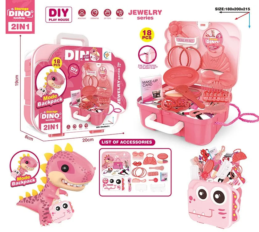HKM-449171 Dinosaur Backpack Pretend Play Makeup and Dressing Kit for Kids Ages 2-13