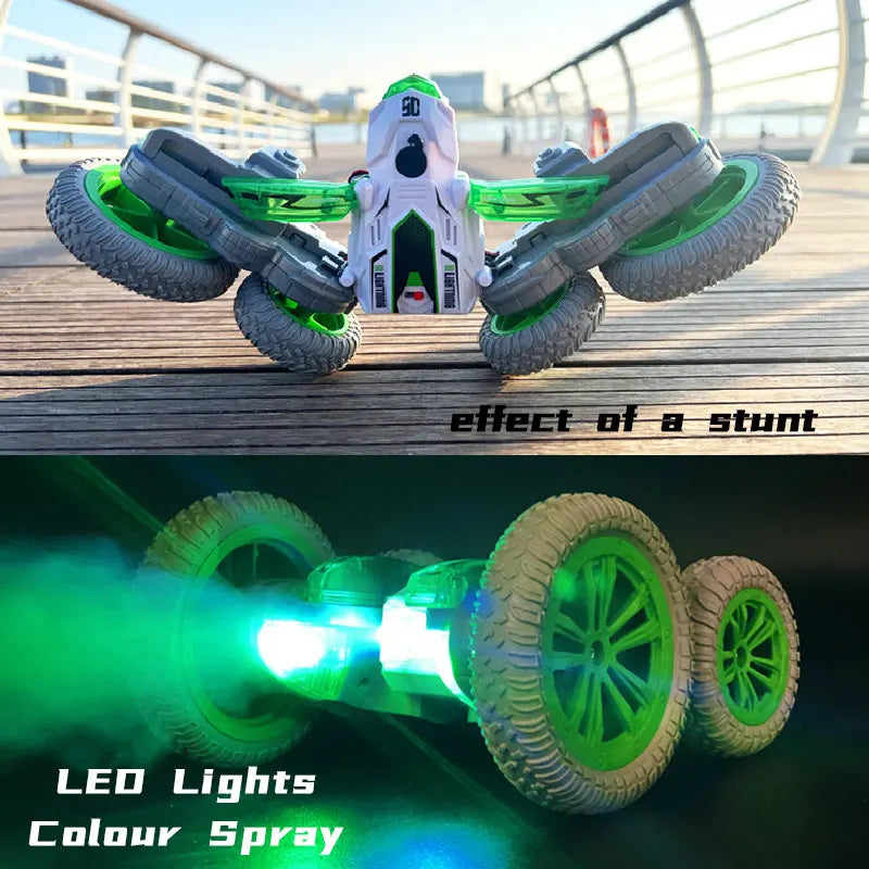 HKM-449491 Remote Control Stunt Car with LED Light and Spray Function - 2.4G Double Side Rolling Toy for Ages 5 and Up