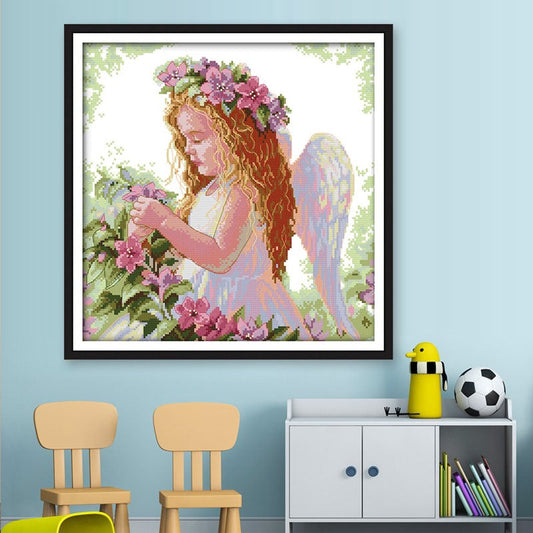 KTX-450323 Cute Angel Cross Stitch Embroidery Kit with High-Quality Cotton Thread and Needle, 45x45 cm Canvas