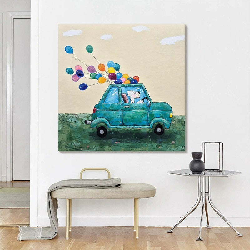KTX-450579 Cute Cartoon Dog with Balloon Handmade Oil Painting Canvas Wall Art for Children's Room Decor