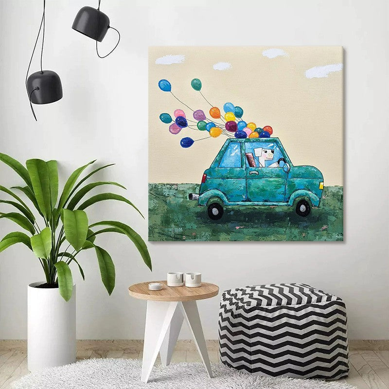 KTX-450579 Cute Cartoon Dog with Balloon Handmade Oil Painting Canvas Wall Art for Children's Room Decor