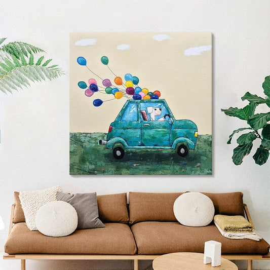 KTX-450579 Cute Cartoon Dog with Balloon Handmade Oil Painting Canvas Wall Art for Children's Room Decor
