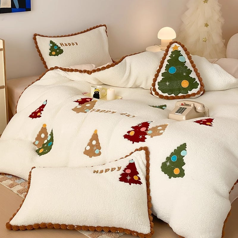 HKM-450643 Fleece-Lined Cartoon Animation Christmas Tree Bedding Set - 4-Piece with Bright Yellow Design