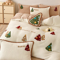 HKM-450643 Fleece-Lined Cartoon Animation Christmas Tree Bedding Set - 4-Piece with Bright Yellow Design