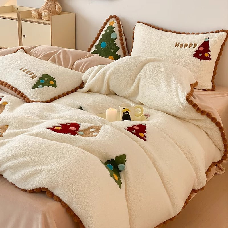 HKM-450643 Fleece-Lined Cartoon Animation Christmas Tree Bedding Set - 4-Piece with Bright Yellow Design