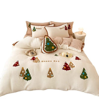 HKM-450643 Fleece-Lined Cartoon Animation Christmas Tree Bedding Set - 4-Piece with Bright Yellow Design