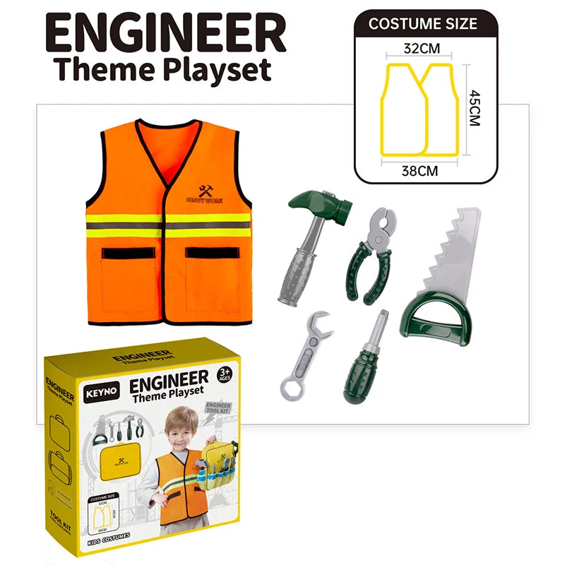 HKM-450899 Engineer Role Play Toy Set for Kids - Uniform & Tool Backpack for Preschool Cosplay (Ages 5+)