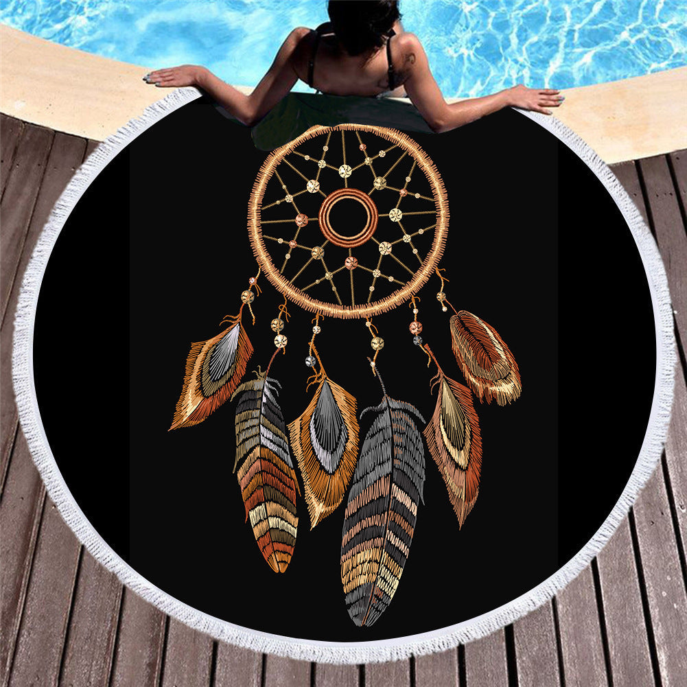 HKM-451219 Microfiber Round Beach Towel with Fringed Edge and Eco-Friendly Printing, 150cm