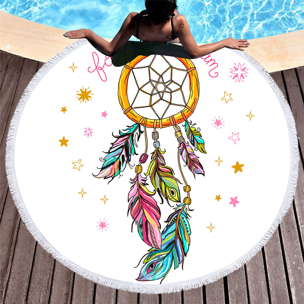 HKM-451219 Microfiber Round Beach Towel with Fringed Edge and Eco-Friendly Printing, 150cm