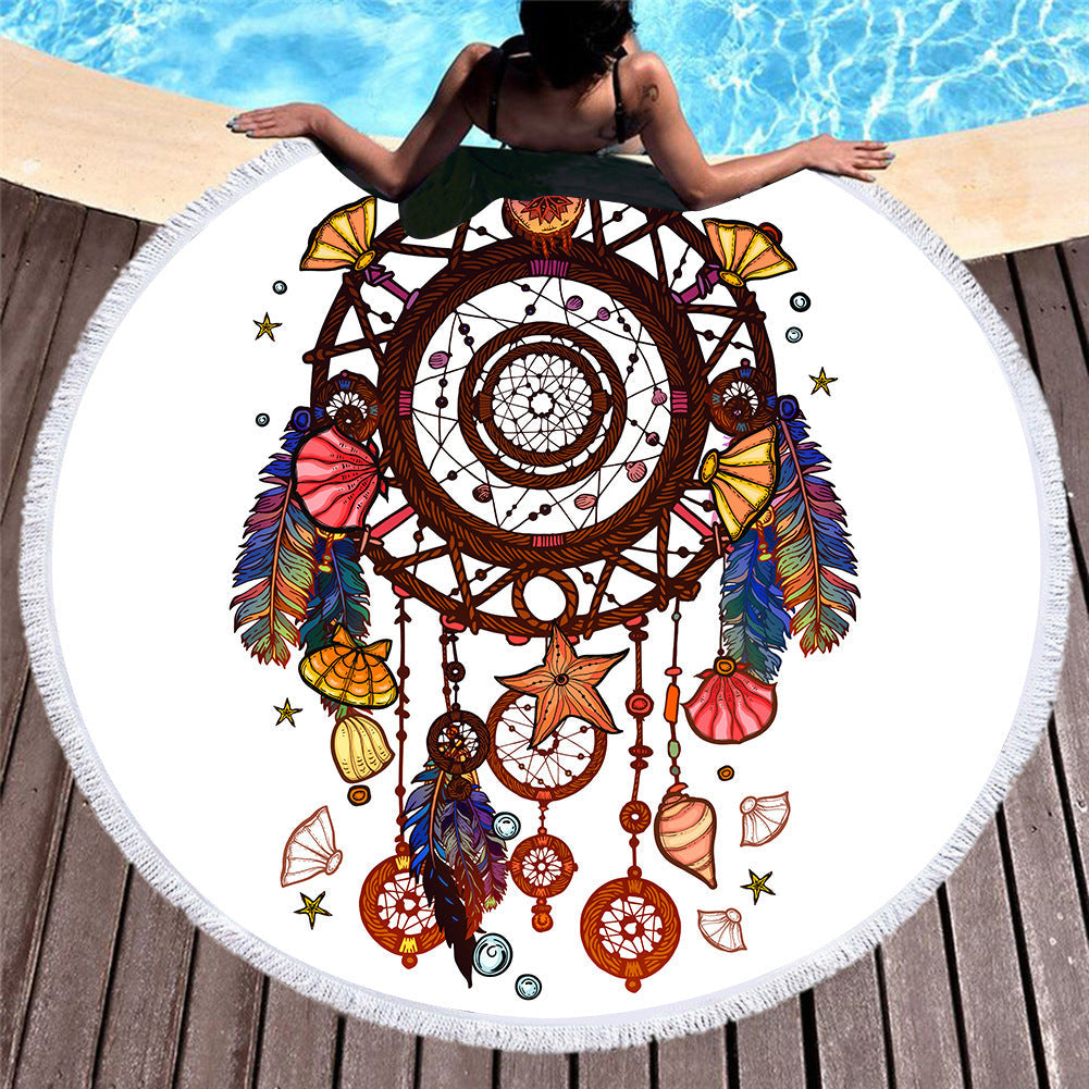 HKM-451219 Microfiber Round Beach Towel with Fringed Edge and Eco-Friendly Printing, 150cm