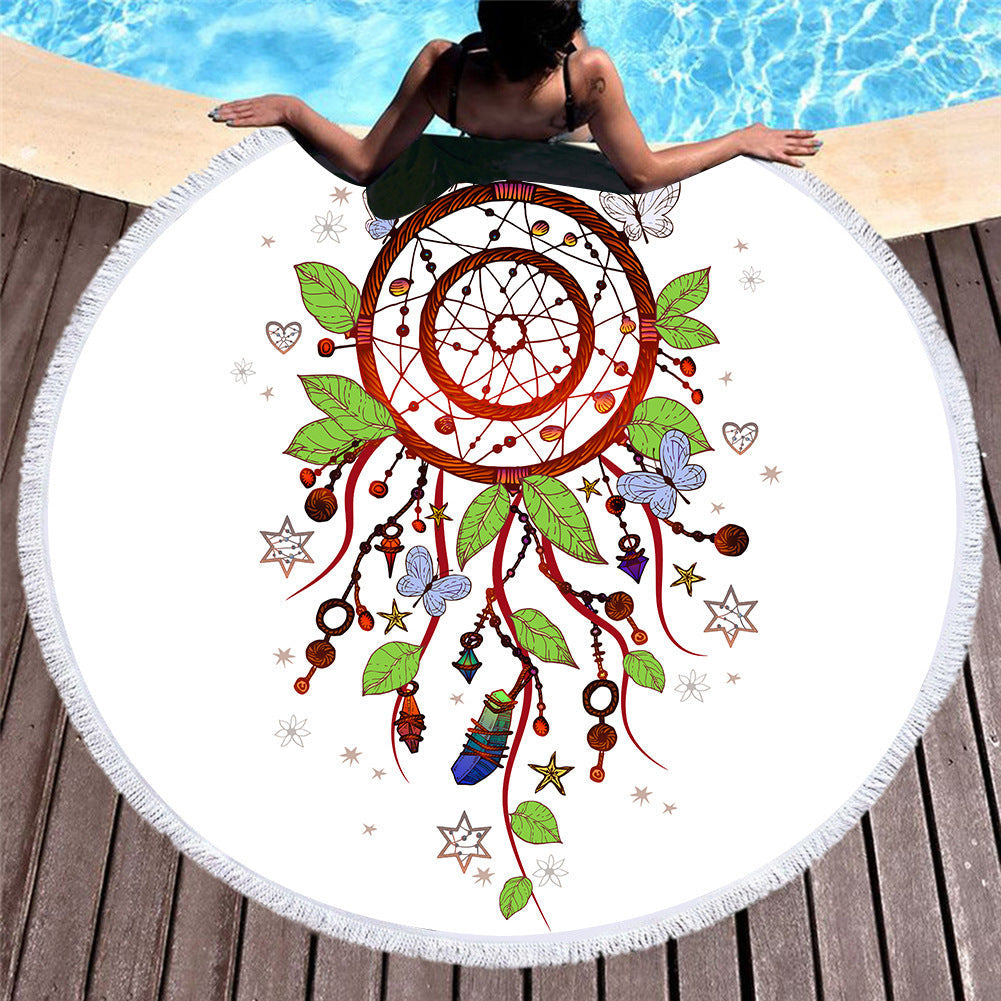 HKM-451219 Microfiber Round Beach Towel with Fringed Edge and Eco-Friendly Printing, 150cm