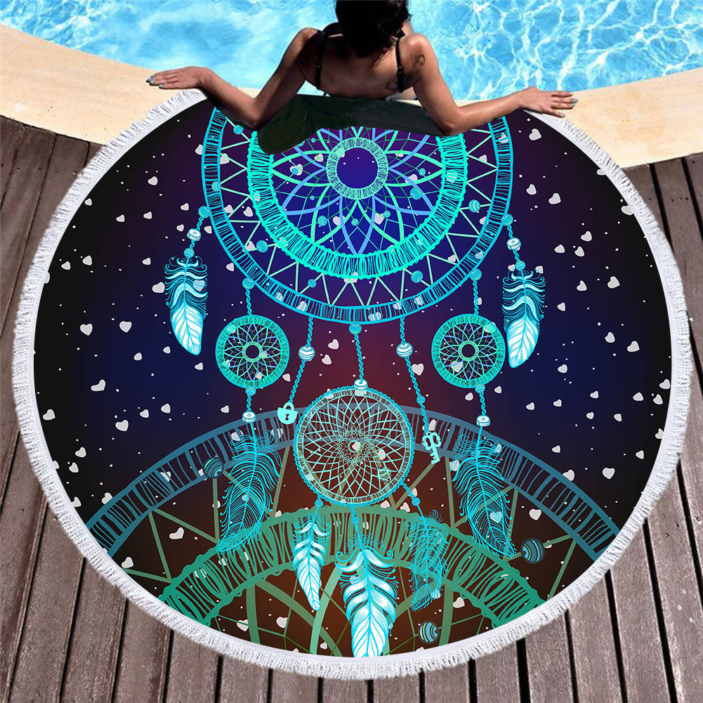 HKM-451219 Microfiber Round Beach Towel with Fringed Edge and Eco-Friendly Printing, 150cm