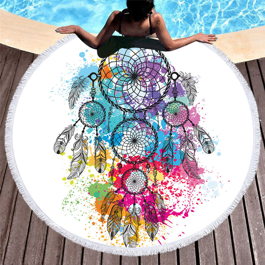 HKM-451219 Microfiber Round Beach Towel with Fringed Edge and Eco-Friendly Printing, 150cm