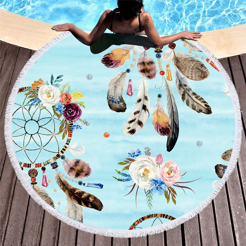 HKM-451219 Microfiber Round Beach Towel with Fringed Edge and Eco-Friendly Printing, 150cm