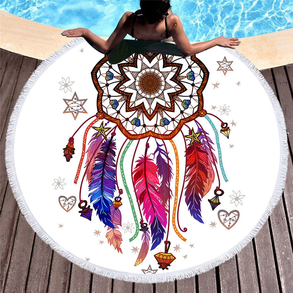 HKM-451219 Microfiber Round Beach Towel with Fringed Edge and Eco-Friendly Printing, 150cm