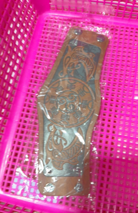 HKM-451603 Dragon and Lion Embossed Leather Bracelet - Medieval Renaissance Style Wristband for Adults